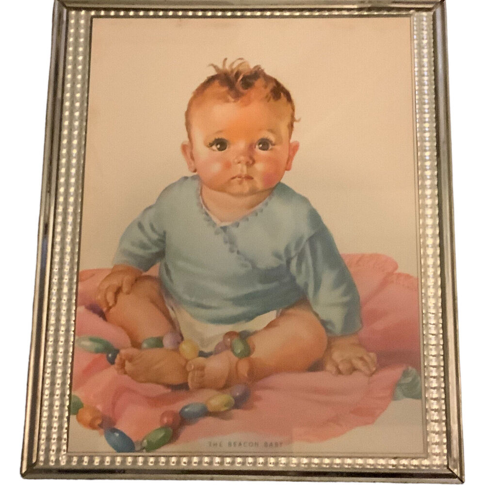 Rare Vintage Silver Framed The Beach Baby Bright Eyes Baby Boy Wall Decor